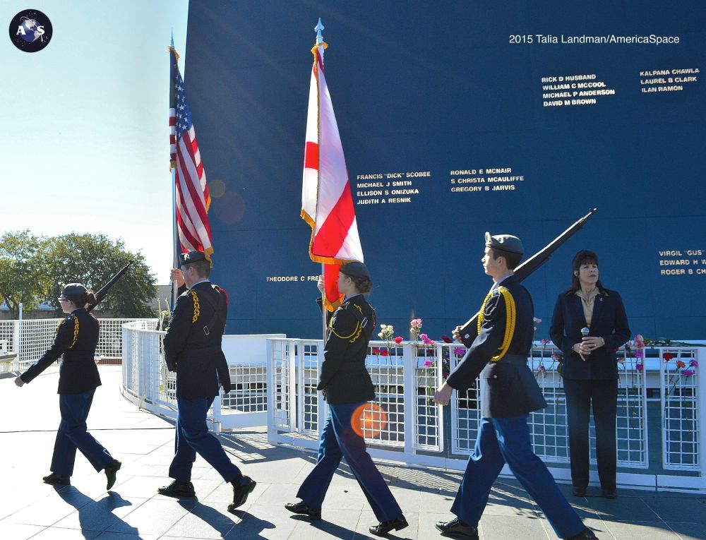 An honor guard pays tribute to lost U.S. astronauts (flanked by NASA's Suzy Cunningham). Photo Credit: Talia Landman / AmericaSpace