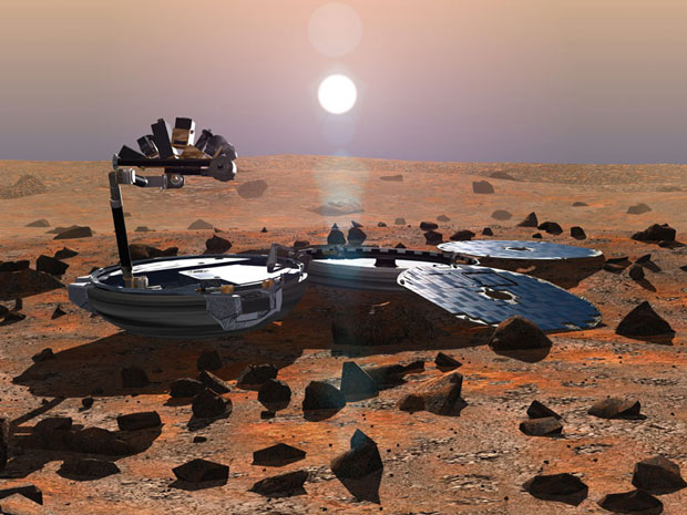 Artists concept of Beagle 2 as it would have looked after a successful landing on Mars on Christmas 2003