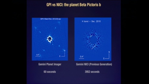 The exoplanet Beta Pictoris b, as imaged with the Gemini Planet Imager (at left) and with the previous generation NICI instrument on the Gemini North telescope, (at right). GPI produces images of superior detail, at a fraction of the time needed with NICI. Image Credit: Marshall Perrin/Space Telescope Science Institute and the GPI Team