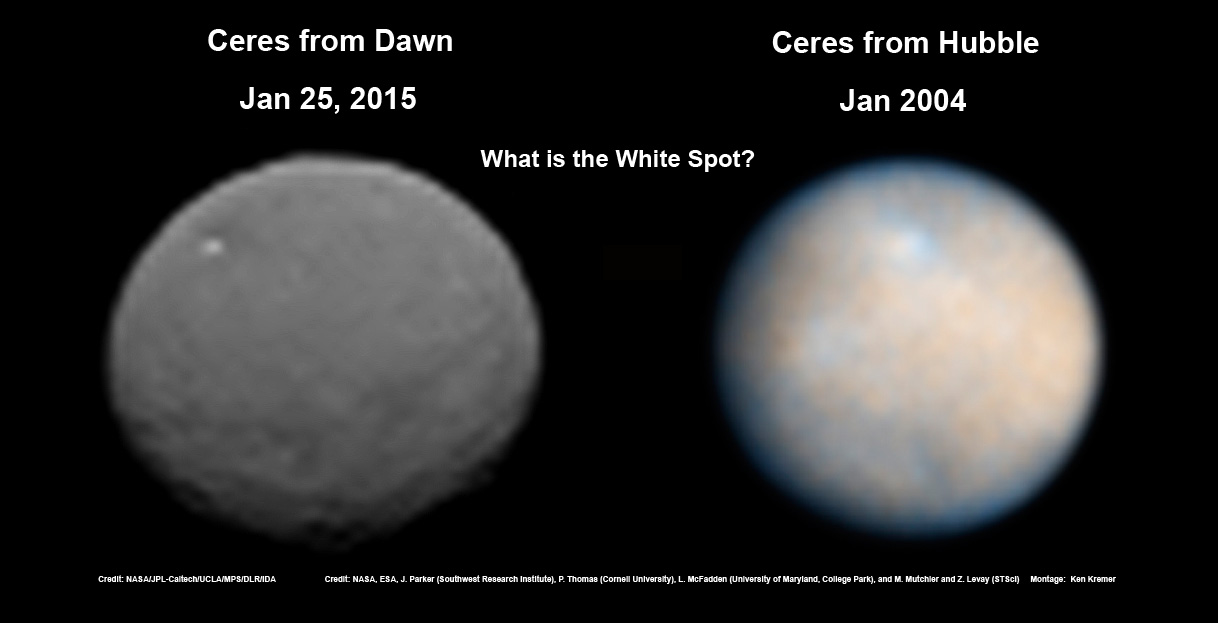 Comparison of Ceres images taken from NASA’s Dawn spacecraft on Jan. 25, 2015 and the Hubble Space Telescope by Jan. 2004. What is the nature of the ‘White Spot’ visible in both images?  What new features are being revealed by Dawn? Dawn Credit: NASA/JPL-Caltech/UCLA/MPS/DLR/IDA. HST Credit: NASA, ESA, J. Parker (Southwest Research Institute), P. Thomas (Cornell University), L. McFadden (University of Maryland, College Park), and M. Mutchler and Z. Levay (STScI). Montage Credit: Ken Kremer/kenkremer.com