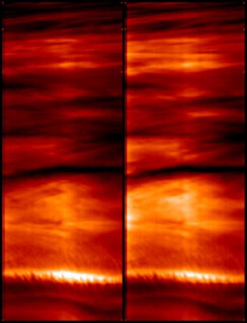 Infrared images of Venus taken with the the Ultraviolet/Visible/Near-Infrared spectrometer (VIRTIS) onboard Venus Express, as the spacecraft was flying over the planet's southern hemisphere. The images reveal the fine atmospheric structure below the Venusian cloud deck, at about 35 and 20 kilometres altitude, respectively. Stripe-like features are visible at the bottom of the images. They could be indicative of a wave-like atmospheric motion (possibly due to tidal forces), but their nature is still unexplained. Image Credit: ESA/VIRTIS/INAF-IASF/Obs. de Paris-LESIA 