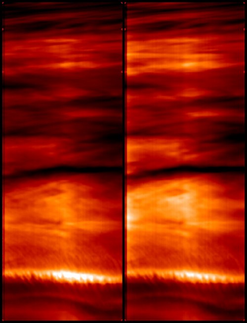Infrared images of Venus taken with the the Ultraviolet/Visible/Near-Infrared spectrometer (VIRTIS) onboard Venus Express, as the spacecraft was flying over the planet's southern hemisphere. The images reveal the fine atmospheric structure below the Venusian cloud deck, at about 35 and 20 kilometres altitude, respectively. Stripe-like features are visible at the bottom of the images. They could be indicative of a wave-like atmospheric motion (possibly due to tidal forces), but their nature is still unexplained. Image Credit: ESA/VIRTIS/INAF-IASF/Obs. de Paris-LESIA