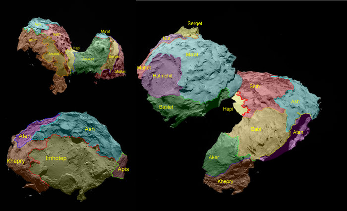 Comet 67P/Churyumov–Gerasimenko regional maps. The 19 regions identified on Comet 67P/Churyumov–Gerasimenko are separated by distinct geomorphological boundaries. Following the ancient Egyptian theme of the Rosetta mission, they are named for Egyptian deities. Credit: ESA/Rosetta/MPS for OSIRIS Team MPS/UPD/LAM/IAA/SSO/INTA/UPM/DASP/IDA