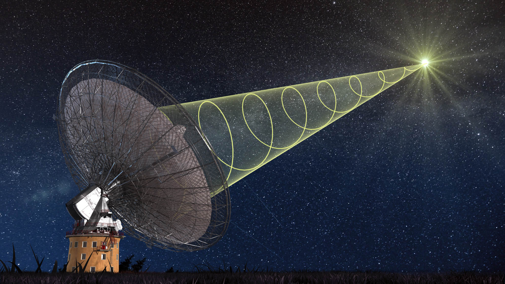A schematic illustration of the Parkes radio telescope receiving the polarised signal from the distant fast radio burst FRB 140514, the first one to be discovered by astronomers in real-time. Image Credit: Swinburne Astronomy Productions