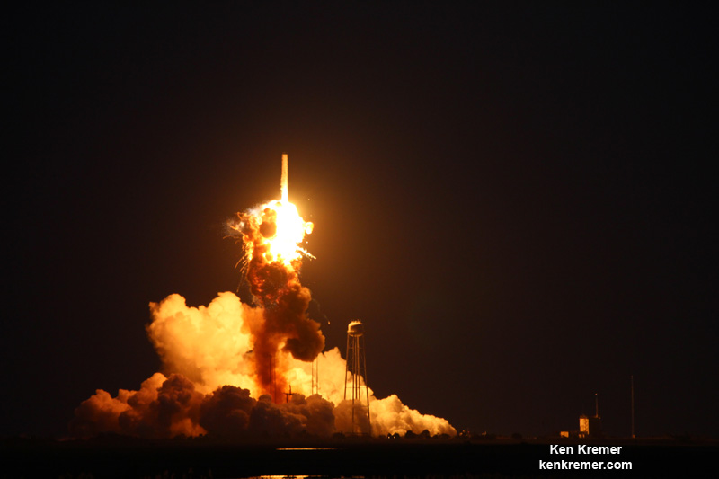 First stage propulsion system at base of Orbital Sciences Antares rocket explodes moments after blastoff from NASA’s Wallops Flight Facility, VA, on Oct. 28, 2014, at 6:22 p.m. Credit: Ken Kremer – kenkremer.com