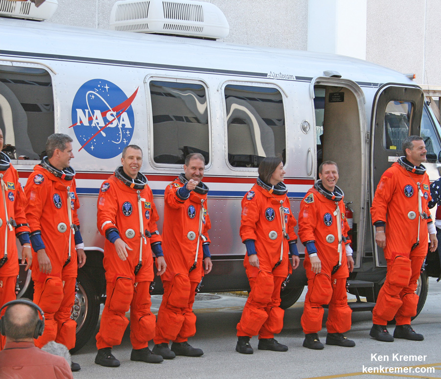 Crew of STS-125, including John Grunsfeld, center, during walkout to Astrovan ahead of launch on May 11, 2009 from the Kennedy Space Center in Florida on final mission to service NASA's Hubble Space Telescope.  Credit: Ken Kremer - kenkremer.com