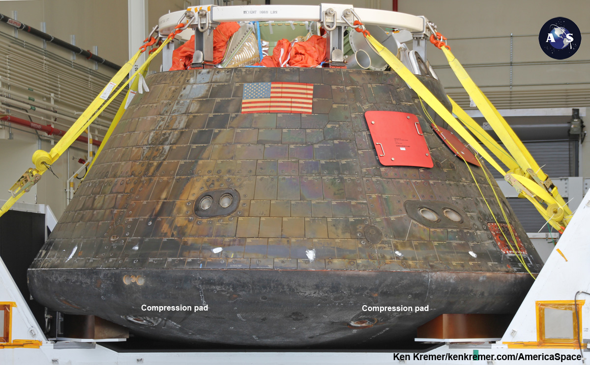 Whole capsule view of Orion heat shield and compression pads during homecoming event for NASA’s first Orion spacecraft after returning to NASA’s Kennedy Space Center in Florida on Dec. 19, 2014.  Orion launched successfully on Dec. 5, 2014 and was recovered from the Pacific Ocean by the US Navy .  Credit: Ken Kremer/kenkremer.com/AmericaSpace