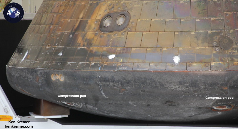 Up close view of Orion heat shield and compression pads during homecoming view of NASA’s first Orion spacecraft after returning to NASA’s Kennedy Space Center in Florida on Dec. 19, 2014 following successful blastoff on Dec. 5, 2014.  Credit: Ken Kremer/kenkremer.com/AmericaSpace