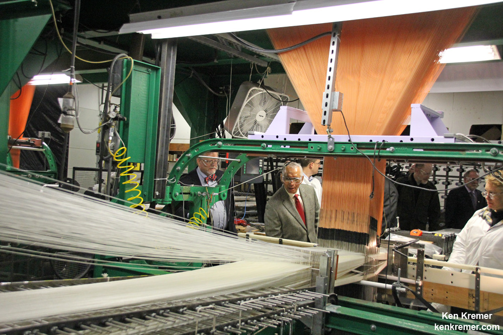 NASA Administrator Charles Bolden (center) and Mike Hawes (left), Lockheed Martin Vice President for Orion inspect a Jacquard loom operating at Bally Ribbon Mills in Bally, Pa., on Jan. 9, 2015, that is weaving a 3-D Quartz perform material that will be used as a key component in Orion’s critical thermal protection heat shield for its next launch in 2018 atop the SLS rocket on the EM-1 mission.    Credit: Ken Kremer/kenkremer.com/AmericaSpace 