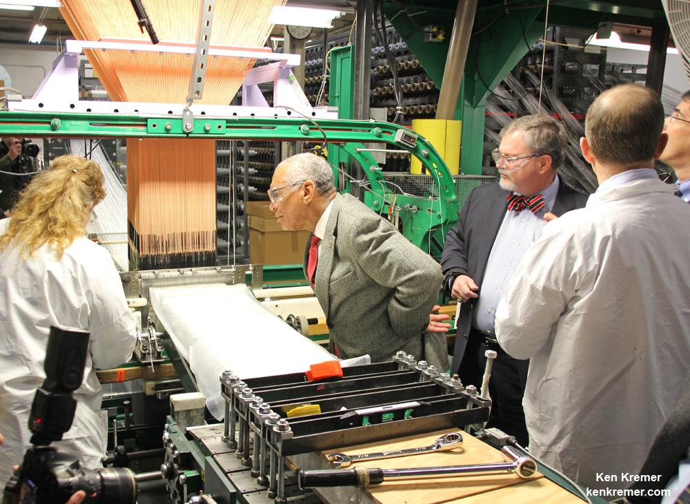 NASA Administrator Charles Bolden (center) and Mike Hawes, Lockheed Martin Vice President (right of center) for Orion inspect a Jacquard loom operating at Bally Ribbon Mills in Bally, Pa., on Jan. 9, 2015, that is weaving a 3-D Quartz perform material that will be used as a key component in Orion’s critical thermal protection heat shield for its next launch in 2018 atop the SLS rocket on the EM-1 mission.    Credit: Ken Kremer/kenkremer.com/AmericaSpace 