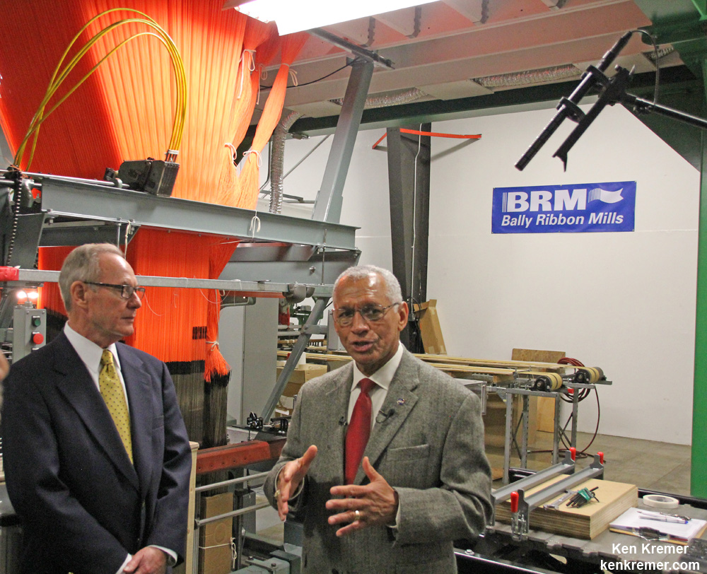 NASA Administrator Charles Bolden (center) and Ray Harries, President of Bally Ribbon Mills, discuss completed Orion EFT-1 and application of Bally technology to EM-1 heat shield at media briefing in Bally, Pa., on Jan. 9, 2015. Credit: Ken Kremer/kenkremer.com/AmericaSpace