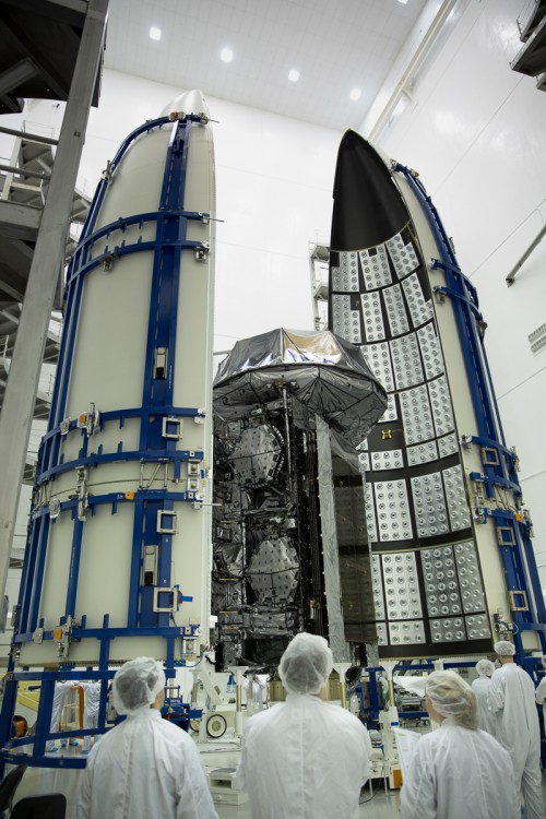 MUOS-3 being encapsulated in its payload fairings at Astrotech Space Operations on Dec. 18, 2014. Photo Credit: Lockheed Martin