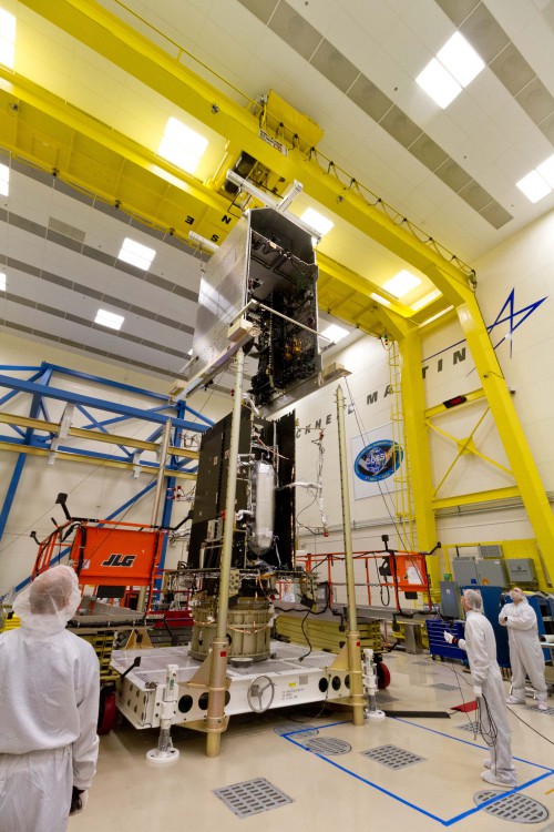The GOES-R Satellite System Module being lowered to meet the core module at the Lockheed Martin facility near Denver, CO on Sep. 16, 2014. Photo Credit: Lockheed Martin