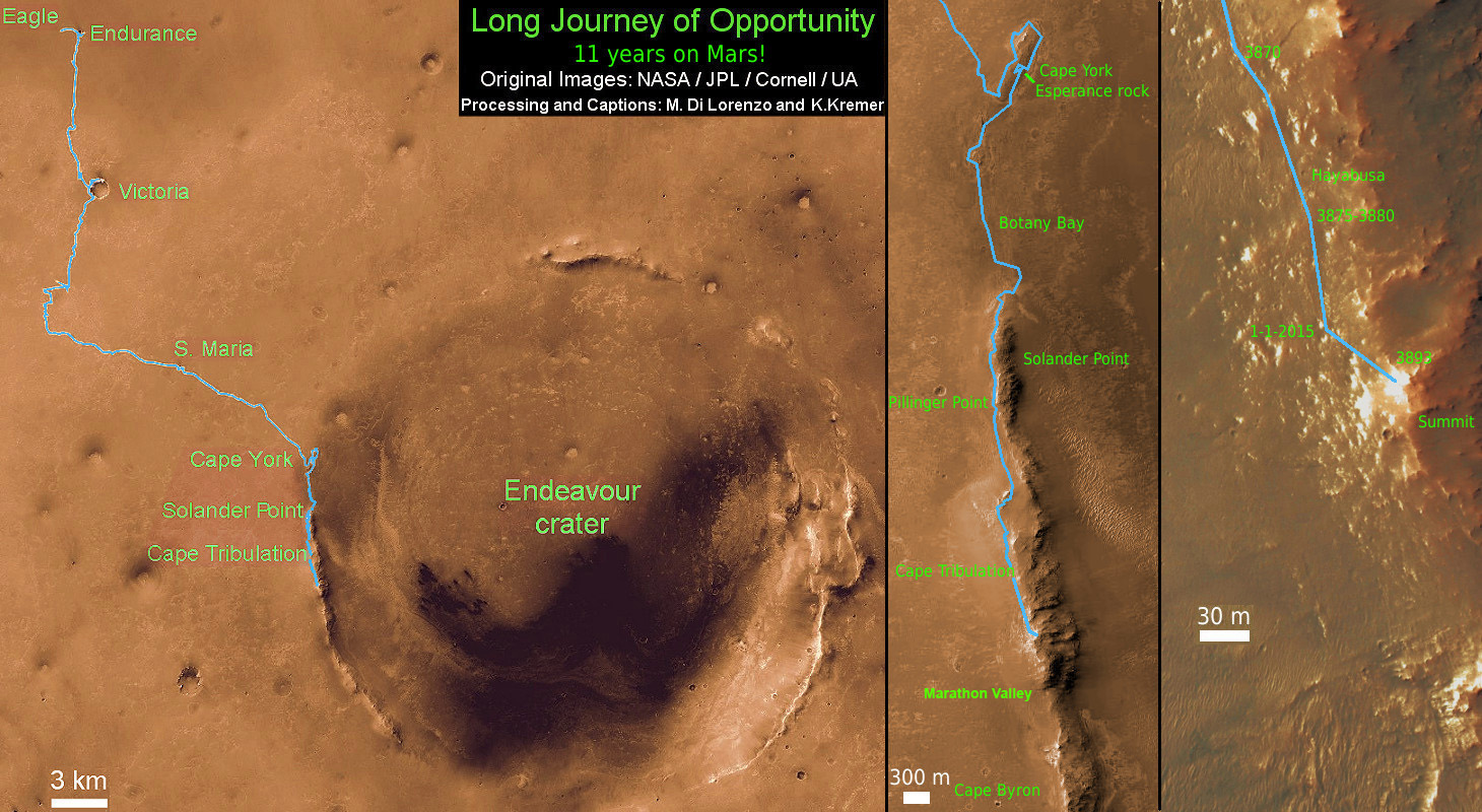 11 Year Traverse Map for NASA’s Opportunity rover from 2004 to 2015. This map shows the entire path the rover has driven during a decade on Mars and over 3894 Sols, or Martian days, since landing inside Eagle Crater on Jan 24, 2004 to current location by Cape Tribulation summit at the western rim of Endeavour Crater. Opportunity discovered clay minerals at Esperance – indicative of a habitable zone - and is searching for more at Cape Tribulation.  Credit: NASA/JPL/Cornell/ASU/Marco Di Lorenzo/Ken Kremer – kenkremer.com