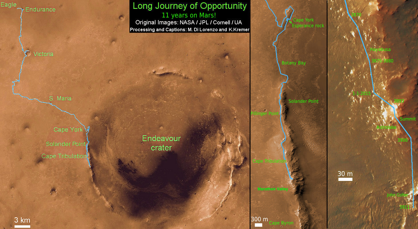 11 Year Traverse Map for NASA’s Opportunity rover from 2004 to 2015. This map shows the entire path the rover has driven during a decade on Mars and over 3911 Sols, or Martian days, since landing inside Eagle Crater on Jan 24, 2004 to current location just past the Cape Tribulation summit at the western rim of Endeavour Crater. Opportunity discovered clay minerals at Esperance – indicative of a habitable zone - and is searching for more on the road ahead to Marathon Valley.  Credit: NASA/JPL/Cornell/ASU/Marco Di Lorenzo/Ken Kremer – kenkremer.com