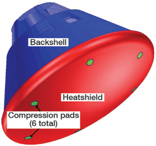 Orion crew module highlighting the compression pads in the heat shield.  Credit: NASA