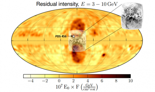 A composite image of gamma-ray and X-ray emission of the entire Milky Way. The Fermi Bubbles are the twin lobes in dark orange at the center of the figure, that were intercepted by the PDS456 sightline, as part of the new study. Image Credit: Fox et al