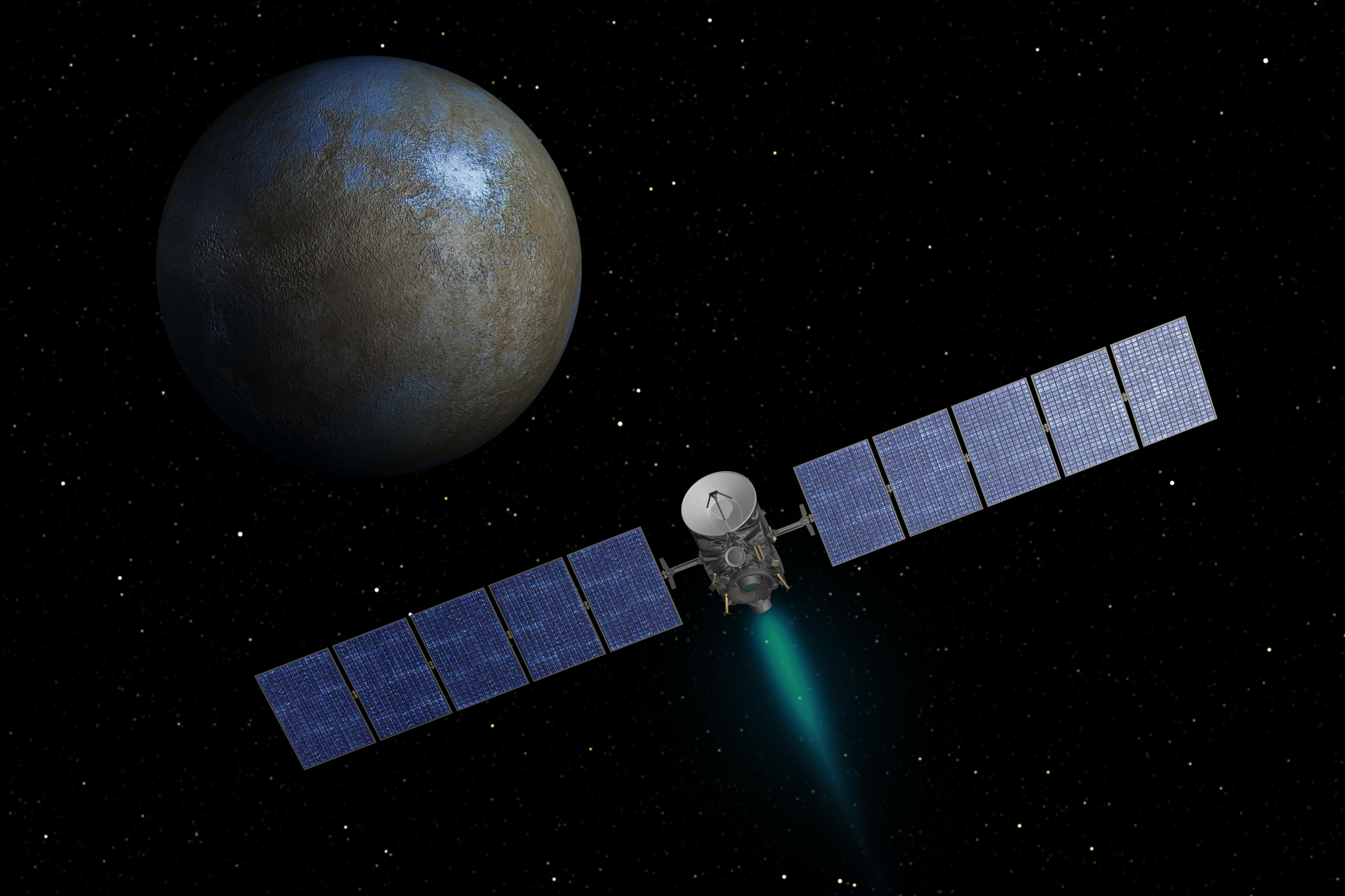 This artist's concept shows NASA's Dawn spacecraft heading toward the dwarf planet Ceres. Credit: NASA/JPL-Caltech