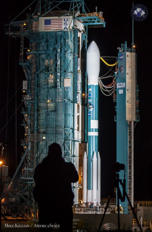 ULA's Delta-II rocket being unveiled from its Mobile Service Tower on the evening of Jan. 28, prior to SMAP's Jan. 29 scrub. Photo Credit: Mike Killian / AmericaSpace