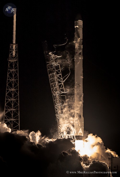 SpaceX's Falcon-9 booster launching Dragon on the CRS-5 mission to the ISS. Photo Credit: Mike Killian / AmericaSpace