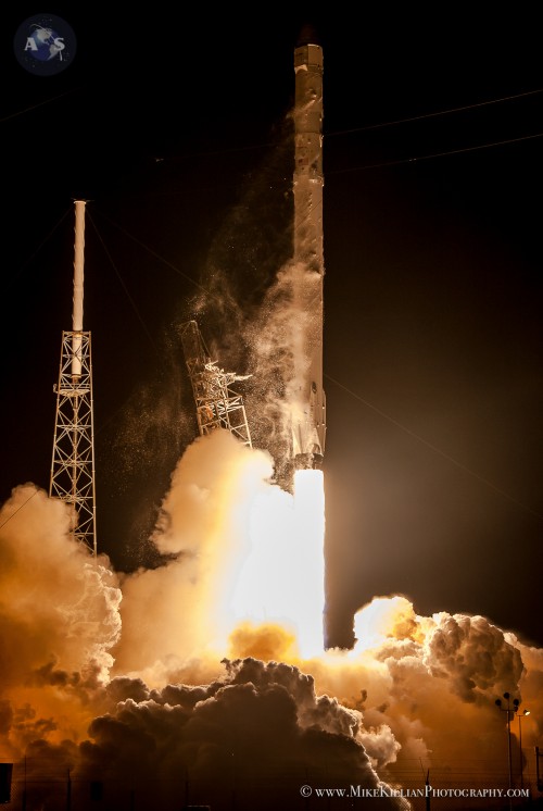 The CRS-5 SpaceX Falcon-9 rocket lifts off with Dragon on the company's fifth NASA-contracted resupply mission to the ISS. Photo Credit: AmericaSpace / Mike Killian