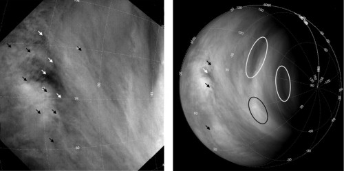 The cloud features in the atmosphere of Venus, as seen by the Venus Express spacecraft in 2008. These images allowed scientists to monitor wind speeds and determine that they were steadily accelerating with time. The arrows and ovals are coloured to improve contrast against their respective backgrounds. Image Credit: Fig. 3 from Khatuntsev et al., Cloud level winds from the Venus Express Monitoring Camera imaging, Icarus (2013); doi: 10.1016/j.icarus.2013.05.018