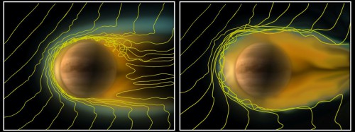 A comparison of the ionosphere of Venus under normal (left) and diminished (right) solar wind conditions. During the latter, the planet's ionosphere becomes elongated, forming a comet-like tail. Image Credit: ESA/Wei et al. (2012)