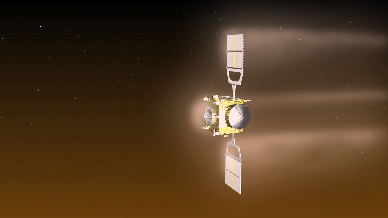 An artist's concept of ESA's Venus Express spacecraft, while diving into the atmosphere of Venus during its aerobraking manoeuvres in 2014. Having already depleted its onboard fuel reserves, the spacecraft finally went silent earlier this month, indicating that it had probably taken its last, fateful plunge into Venus' infernal atmosphere. Image Credit: Image Credit: ESA–C. Carreau