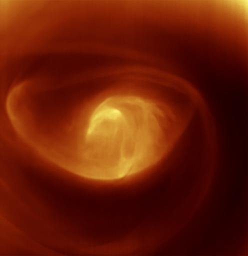 A mass of swirling gas and cloud at Venus’ south pole, as seen by the Visible and Infrared Thermal Imaging Spectrometer (VIRTIS) onboad the Venus Express spacecraft, showing thermal-infrared emission from the cloud tops at a wavelength of 5.02 micrometres; brighter regions like the ‘eye’ of the vortex are at lower altitude and therefore hotter. Image Credit: ESA/VIRTIS/INAF-IASF/Obs. de Paris-LESIA/Univ. Oxford