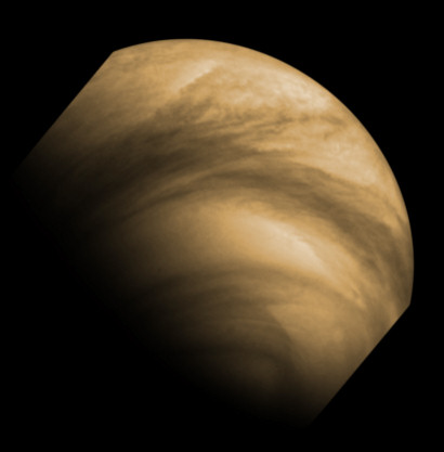 False-colour image of the cloud features on Venus, taken by the Venus Monitoring Camera (VMC) onboard Venus Express from a distance of 30 000 km away from the planet. Image Credit: ESA/MPS/DLR/IDA 
