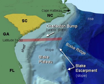 The area of Blake Plateau, where the Go Quest support vessel initially headed after departing Port of Jacksonville on Saturday night. Image Credit: National Oceanic and Atmospheric Administration (NOAA)