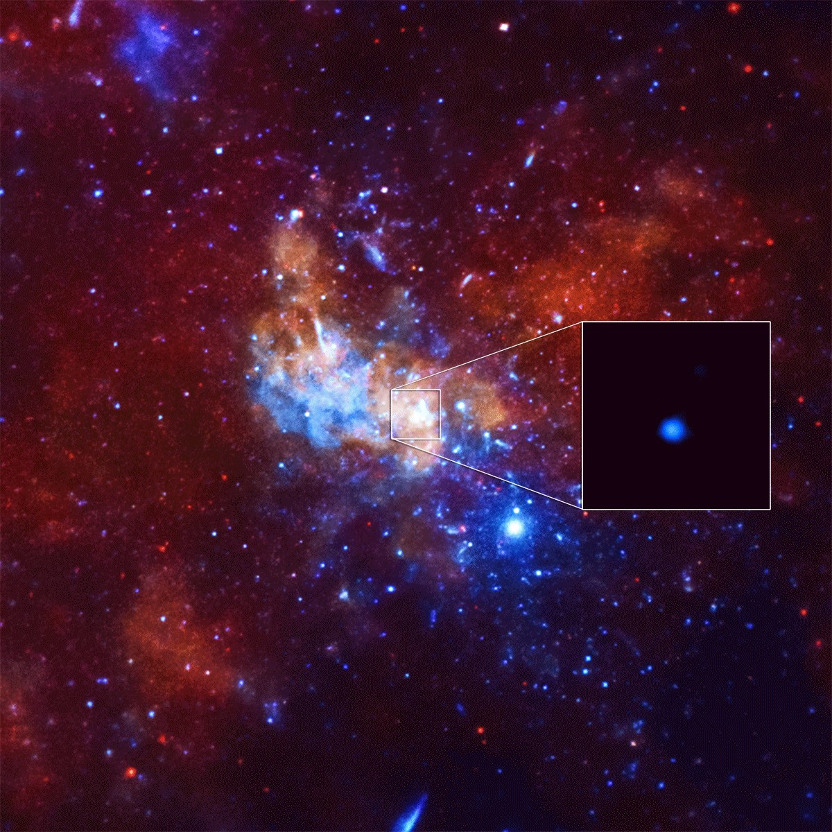 A composite image of the area around the supermassive black hole at the center of the Milky Way, known as Sagittarius A* (Sgr A*), taken with NASA's Chandra X-ray space telescope. The colors in the main image represent medium, and high-energy X-rays as red, green, and blue respectively. The inset box shows a giant X-ray flare that has been recently detected very close to the black hole, along with a much steadier X-ray emission from a nearby magnetar. Image Credit: NASA/CXC/Northwestern Univ/D.Haggard et al
