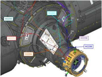 View of the starboard side of Pressurized Mating Adapter (PMA)-2, with IDA Preparation ISS Mod (IPIM) cables in place. Image Credit: NASA