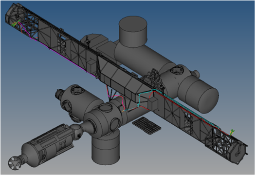 Diagram of the layout of cables and umbilicals to the C2V2 antenna locations on the S-3 and P-3 trusses. Image Credit: NASA