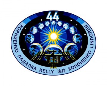 The Expedition 44 crew patch, highlighting the One-Year Mission by tracking Earth's yearly progress in orbit around the Sun. Image Credit: NASA