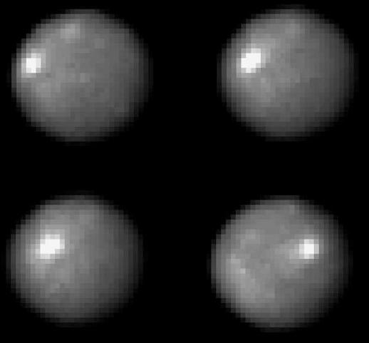 Four views of Ceres as it rotates, as seen with Hubble Space Telescope in 2003 and 2004, were the best we had before OpNav 2. All of Dawn’s pictures from now on will show finer detail. Credit: NASA, ESA, J. Parker (Southwest Research Institute), P. Thomas (Cornell University), and L. McFadden (University of Maryland, College Park)