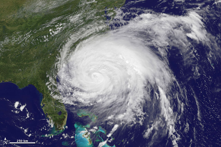 Hurricane Irene approaching the heavily populated U.S. East Coast in 2011, as seen from NOAA's GOES-13 satellite. More than 50 million people were estimated to lie within the path of the storm. Photo Credit: NASA GSFC / NOAA GOES Project