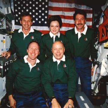 Tom Jones (front left) and Tammy Jernigan (back center) were thwarted by a faulty hatch handle in their two EVAs on STS-80. The mission was commanded by Ken Cockrell (back left), who also led Jones' STS-98 flight. Photo Credit: NASA