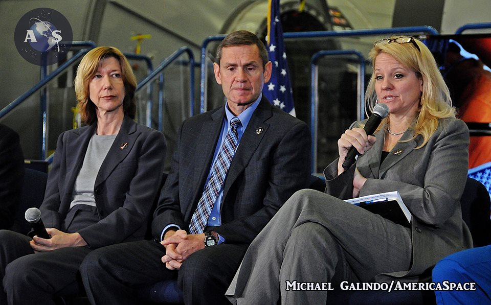 SpaceX's Gwynne Shotwell responds to a question, as Boeing's John Elbon and NASA's Kathy Lueders look on. Photo Credit: Michael Galindo/AmericaSpace