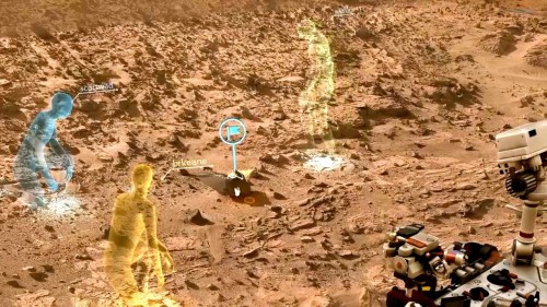 A screen view from OnSight, showing how scientists can meet together in a virtual 3-D simulation on the Martian surface. Such technology will allow scientists to better study features of interest and plan rover or lander activities. Image Credit: NASA/JPL-Caltech