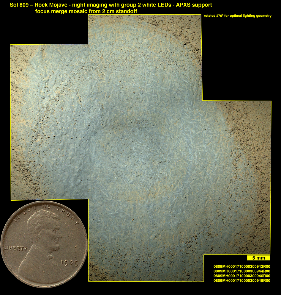 Lozenge-shaped crystals are evident in this magnified view of a Martian rock target called "Mojave," taken by the Mars Hand Lens Imager (MAHLI) instrument on the arm of NASA's Curiosity Mars rover.   Credit:   NASA/JPL-Caltech/MSSS