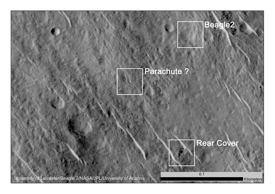 Components of Beagle 2 Flight System on Mars.  This annotated image shows where features seen in an observation by NASA's Mars Reconnaissance Orbiter have been interpreted as hardware from the Dec. 25, 2003, arrival at Mars of the United Kingdom's Beagle 2 Lander. The image was taken in 2014 by the orbiter's HiRISE camera.  Credit:   NASA/JPL-Caltech/Univ. of Arizona/University of Leicester