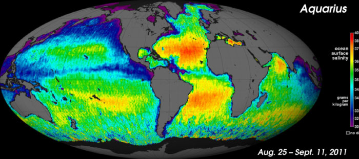 First global map of Earth's ocean salinity, courtesy of Aquarius. Image Credit: NASA
