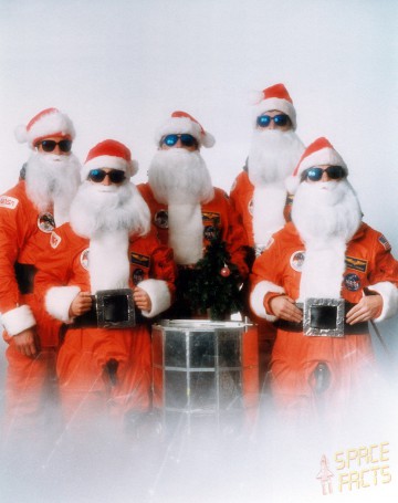 Expected to be the first shuttle crew to spend Christmas in orbit, this gag photograph of the STS-32 crew fell flat when the mission was postponed until January 1990. Photo Credit: NASA, via Joachim Becker/SpaceFacts.de