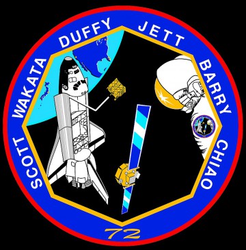 With an internal shape to mirror the octagonal Space Flyer Unit (SFU), the STS-72 patch includes the retrieval of the Japanese satellite, the deployment of OAST-Flyer and the view of one of the spacewalkers. Image Credit: NASA