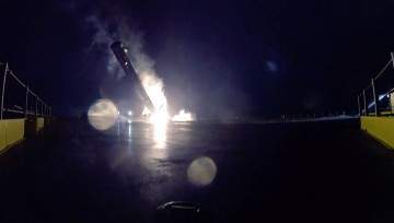 A SpaceX Falcon 9 v1.1 booster first stage attempting to land on an autonomous barge after last month's Dragon launch. The rocket hit harder than expected, at a -45 degree angle, smashing its legs and engine section. SpaceX will be looking to try again during the DSCOVR launch. Photo Credit: SpaceX / @ElonMusk via Twitter