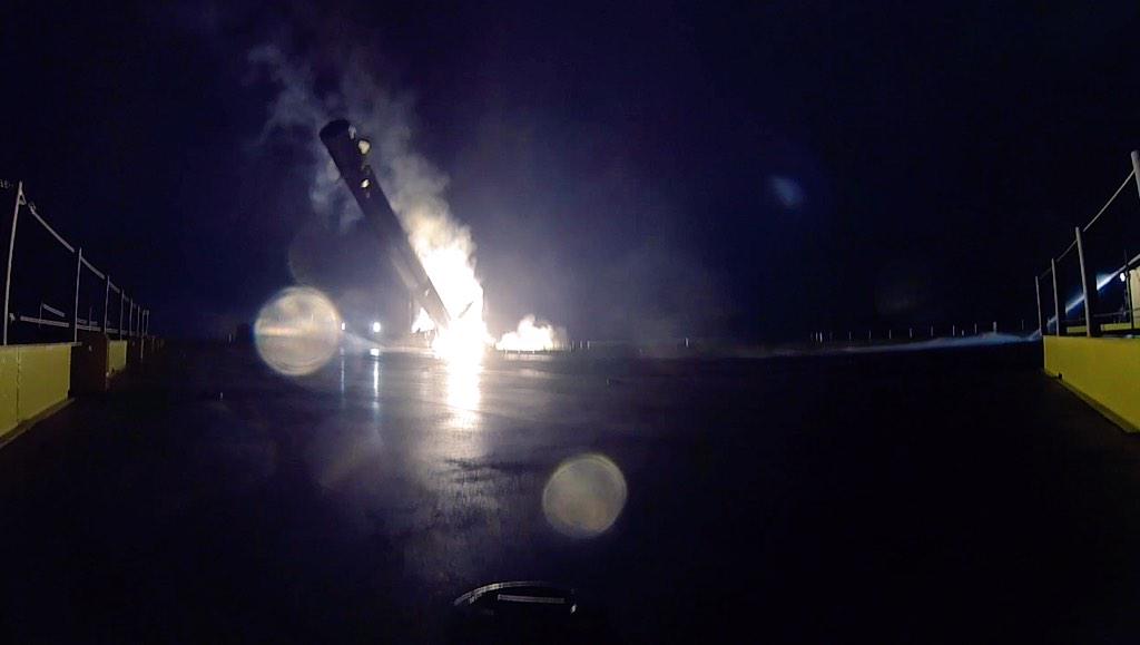 A SpaceX Falcon-9 v1.1 booster first stage attempting to land on an autonomous barge after the CRS-5 Dragon launch to the ISS. The rocket hit harder than expected, at a -45 degree angle, smashing its legs and engine section. SpaceX will be looking to try again during an upcoming launch. Photo Credit: SpaceX / @ElonMusk via Twitter