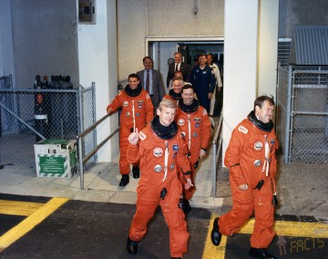 Commander John "J.O." Creighton leads Pilot John Casper and Mission Specialists Mike Mullane, Dave Hilmers and Pierre Thuot out of the Operations & Checkout (O&C) Building on launch day. Photo Credit: NASA, via Joachim Becker/SpaceFacts.de