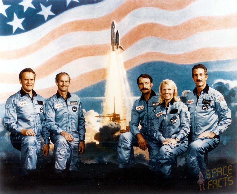 The "core" NASA crew of Mission 41F, scheduled for launch on 9 August 1984 for a seven-day flight. From left to right are Commander Karol "Bo" Bobko, Pilot Don Williams and Mission Specialists Dave Griggs, Rhea Seddon and Jeff Hoffman. Photo Credit: NASA, via Joachim Becker/SpaceFacts.de