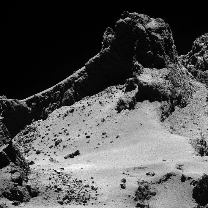A section of the smaller of Comet 67P/Churyumov–Gerasimenko’s two lobes as seen through Rosetta’s narrow-angle camera from a distance of about 8 km to the surface on 14 October 2014. The resolution is 15 cm/pixel. The image is featured on the cover of 23 January 2015 issue of the journal Science.  Credit: ESA/Rosetta/MPS for OSIRIS Team MPS/UPD/LAM/IAA/SSO/INTA/UPM/DASP/IDA